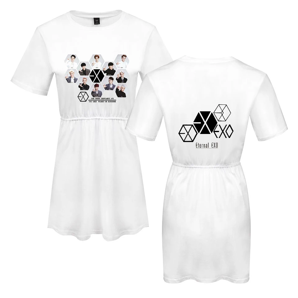 EXO Ablum Платье с принтом женское платье Модное Элегантное летнее платье с круглым вырезом и короткими рукавами халат Femme короткое платье KPOP