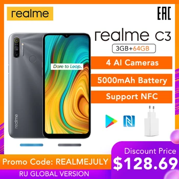 Перейти на Алиэкспресс и купить Realme C3 3 ГБ ОЗУ 64 Гб ПЗУ глобальная версия NFC 5000 мАч аккумулятор Helio G70 AI процессор 12MP AI двойная камера HD + мини-капля полный экран