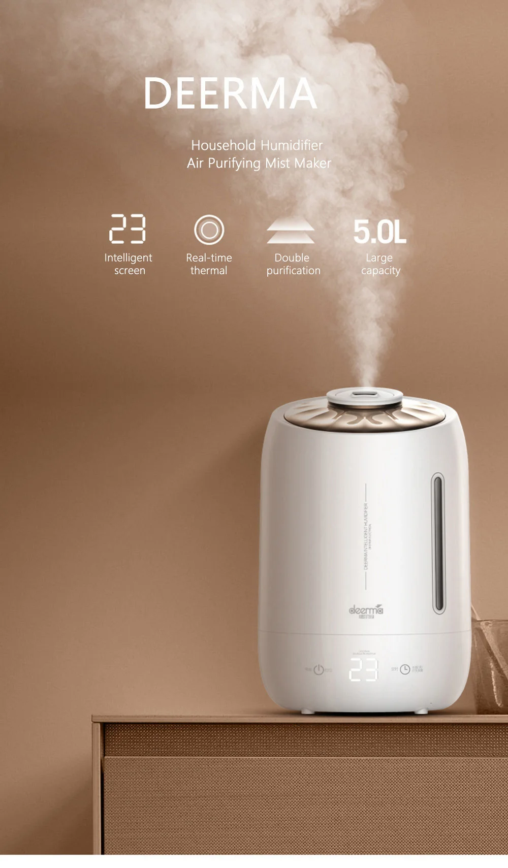 Xiaomi DEERMA Household Air Humidifier Air Purifying Mist Maker Timing With Intelligent Touch Screen Adjustable Fog Quantity 5L