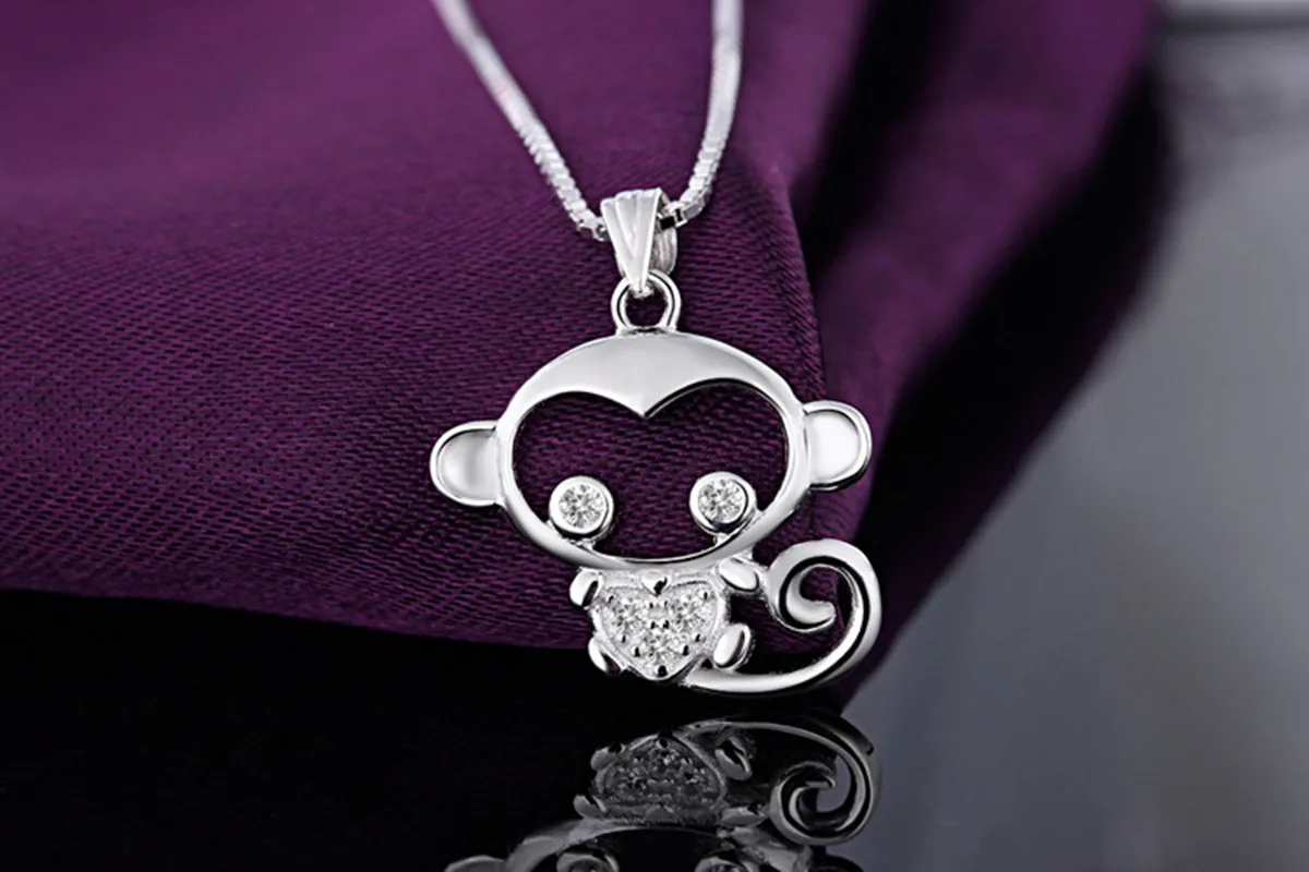 925 Sterling Silver Zodiac Monkey Year Pendant Playful Monkey Necklace Playful Zircon Crystal Love Necklace