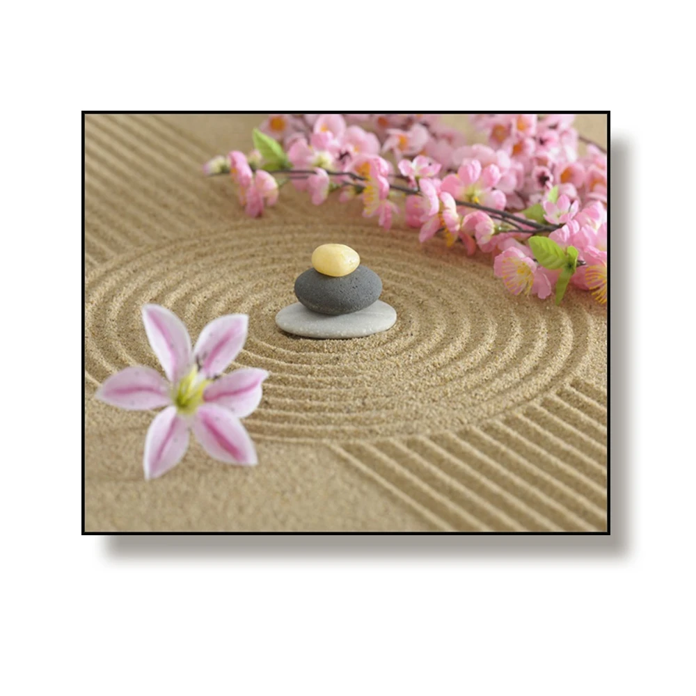 Canvas Art Painting Flowers and stacked stones on fine sand Art Poster Picture Wall Decor Home Decoration For Living room