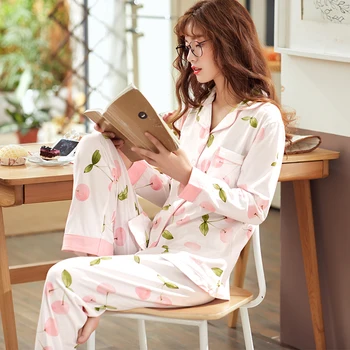 

High-grade 100% Cotton Pajamas Sets For Women 2020 Autumn Winter Long Sleeve Pyjama Femme Print Pijamas Homewear Lounge Clothing