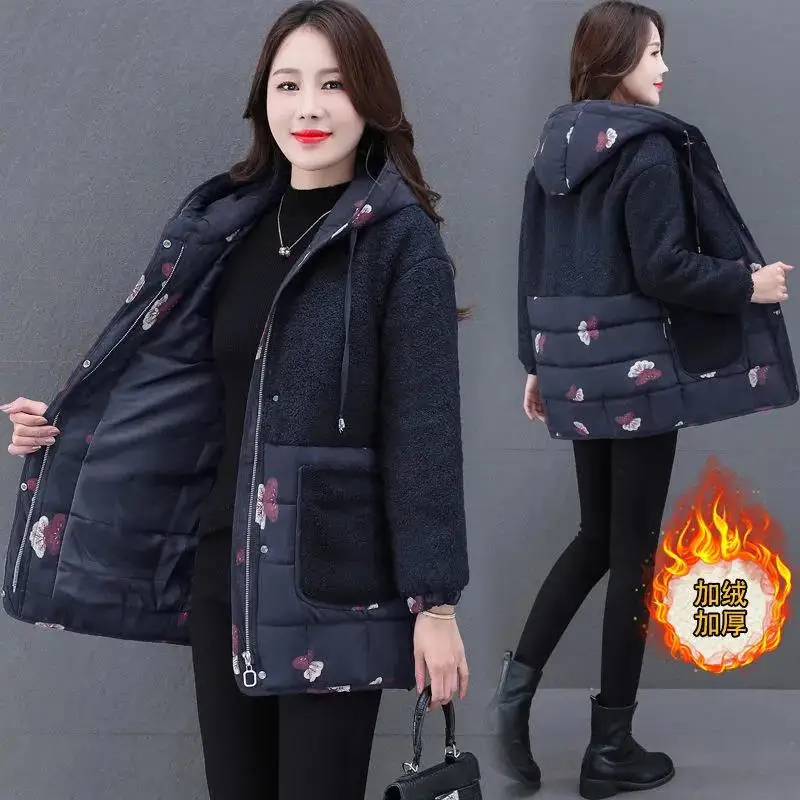 

Autumn Winter Cotton Jacket Women 2022 Loose 5XL Coats Lamb Wool Coat Female Mid-Length Overcoat Printing Hooded Outerwear