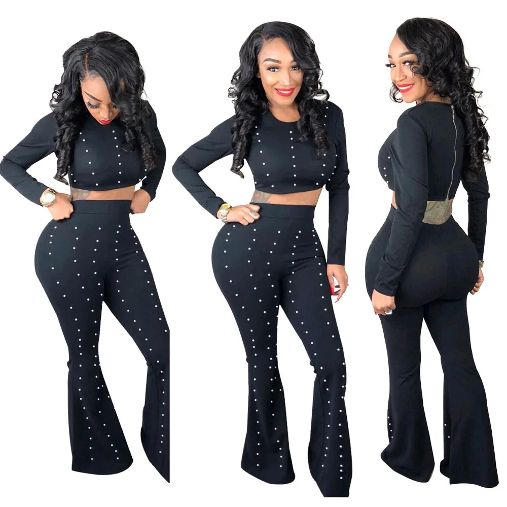 

Women's Pantsuit 2 Pc Pearls Flared Pants Elegant Trousers Suits OL Women's Tracksuit Outsuit Trouser Suit Jumpsuit Plus Size