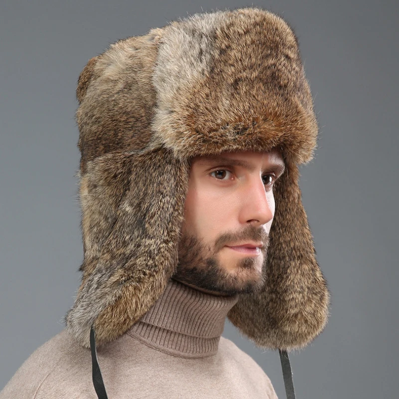 

Thick Warm Bomber Hat Men Real Rabbit Fur Earflap Trapper Russian Cap Male Plus Size Winter Hats for Men Ski Russian Hat