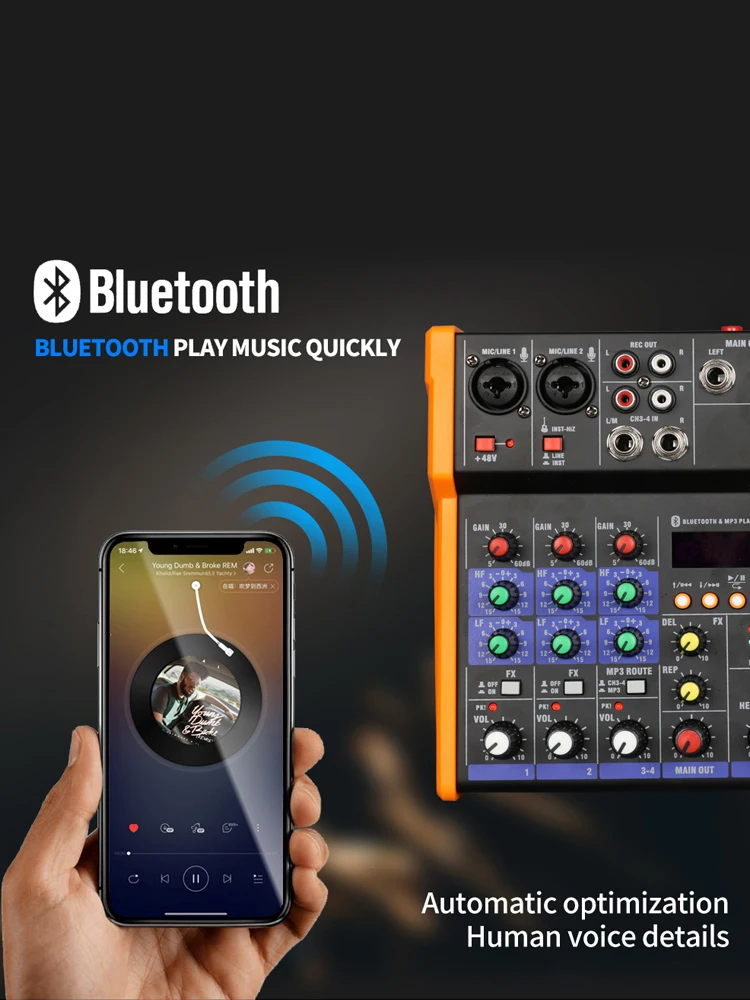 TKL 4Channels Audio Mixer with UHF microphone Sound Mixing REC Bluetooth USB Record 48V Phantom Power DJ Mixer