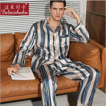 

Man Silk Pajamas Sets Striped 2020 Full Sleeve Spring Autumn Homewear Sleepwears Plus Size Man Pajamas Set Silk Home Wears 3XL