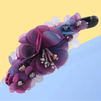 

1PC Fabric Flowers Beads Banana Hair Clip Ponytail Holder Hair Accessories for Women Girls (Purple)