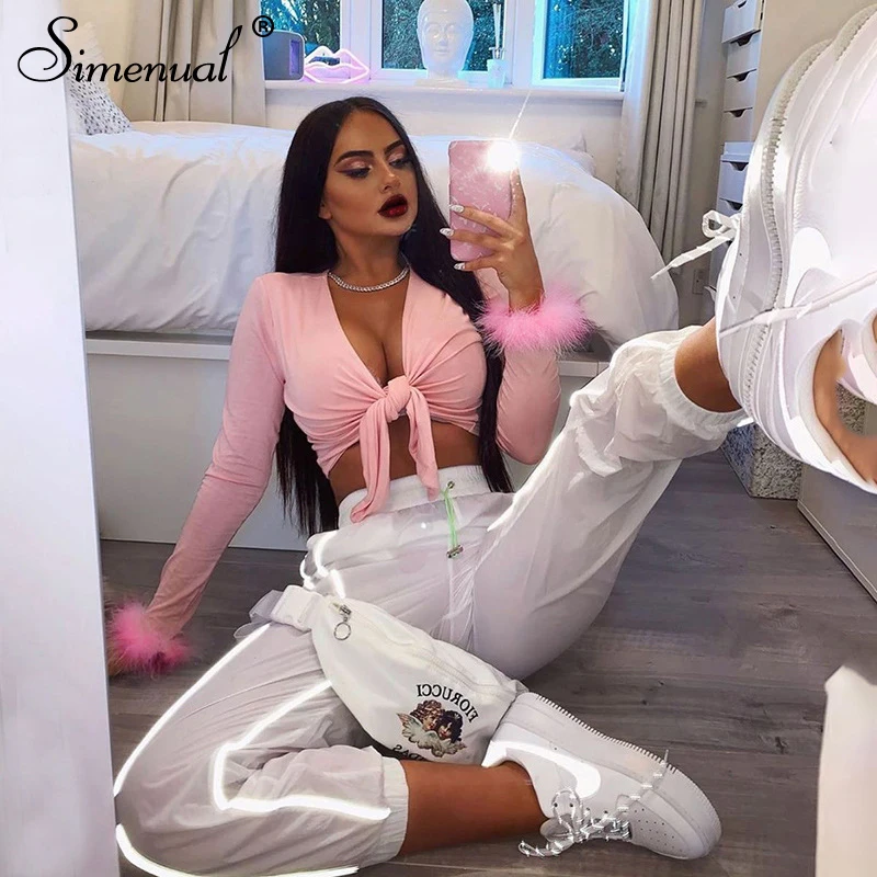 Simenual Sexy Bandage V Neck Women Party Crop Top Long Sleeve Hairy Patchwork T Shirt Fashion Autumn Solid Slim Short Tees