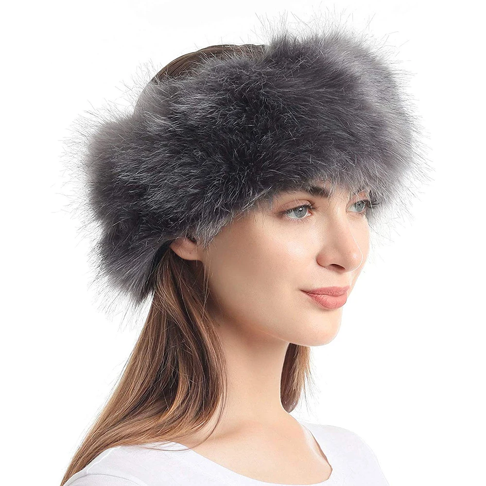 Искусственный мех повязка на голову с эластичным для женщин зима Русский стиль наушники - Цвет: Серый
