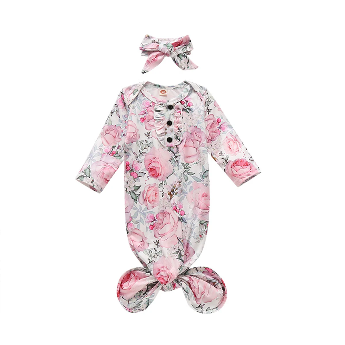 

2020 New 0-6M Newborn Infant Baby Girls Sleepwear 2Pcs Set Rufffled Pink Floral Print Button Decorate Sleeping Bag+Headband