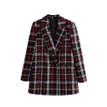 

Women Elegant Plaid Tweed Blazer Notched Collar Long Sleeve Pockets Stylish Coat Female Office Wear Coat FFZWT50