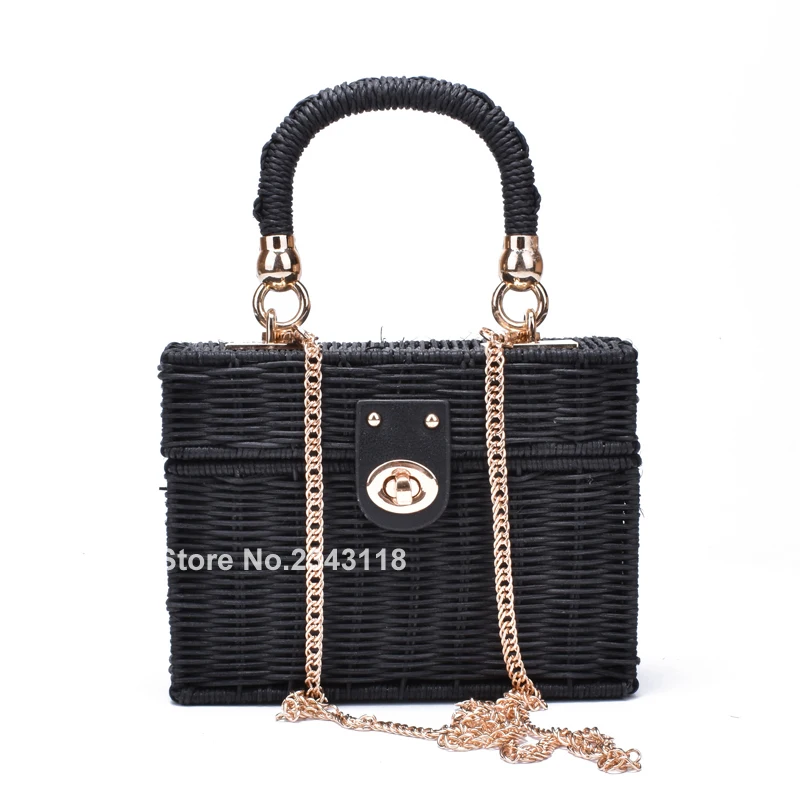 

New rattan black straw Shoulder Bag Women hand-woven Messenger Bag Summer Beach Square box Straw Handbag For lady Bolsa Feminina