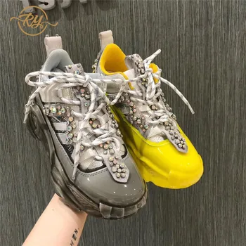 

RY-RELAA sneakers women 2018 fashion Genuine Leather autum shoes women ins style wedge sneakers Rhinestone platform womens shoes