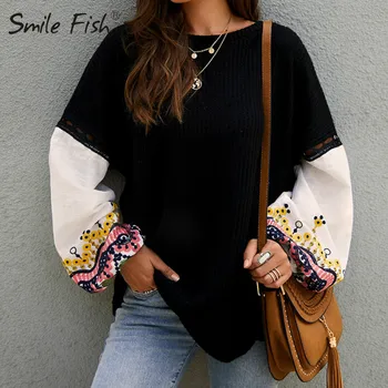 

O-Neck Fashion Harajuku Sweater Female Boho Autumn Winter Sweater Patchwork Women 2019 Embroidery Long Sleeve Sweater GV606