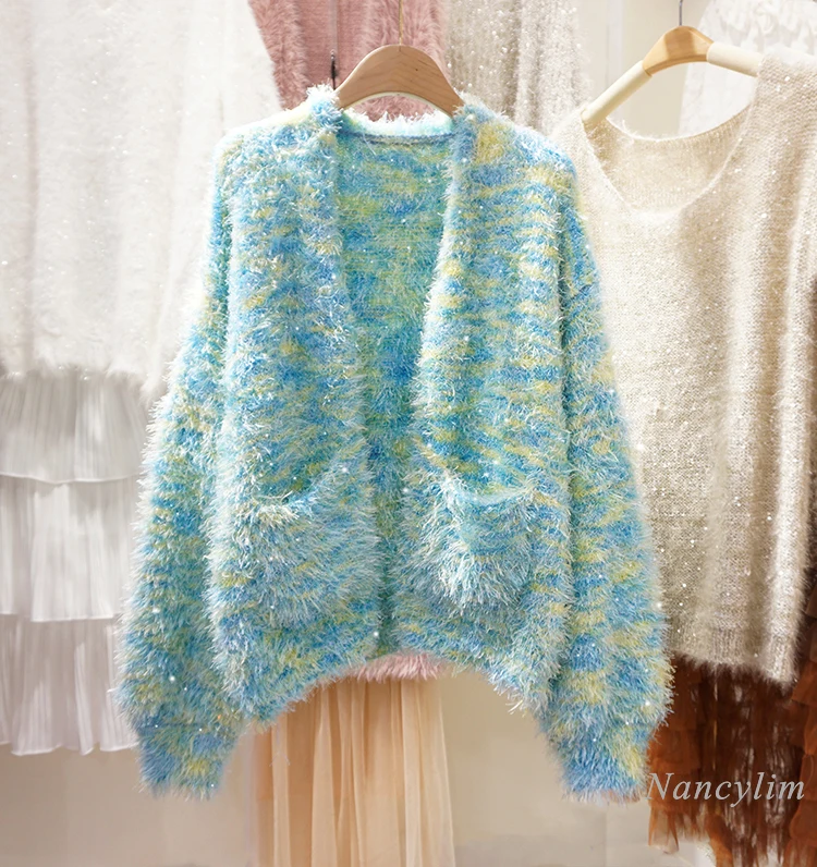 

2020 Autumn and Winter New Loose Short V-neck Sweater Coat Sequined Soft Mink Fur Knitted Cardigan Girls Students Outwear Jumper