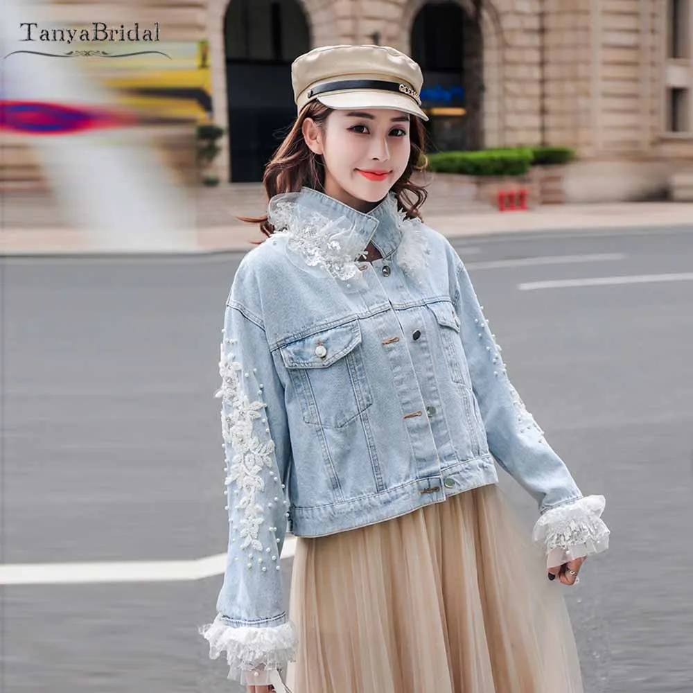 Ruffles Sleeve Bridal Denim Jacket Lace 