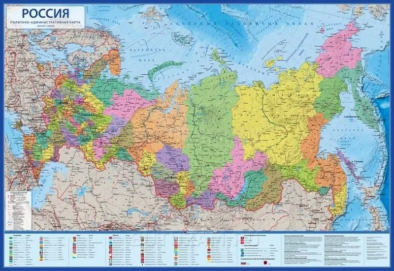 Политико административная интерактивная карта России с ламинацией в тубусе 1:7 5М|