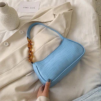 

Fashion Crocodile Pattern Ladies Handbags PU Leather Acrylic Chain Women Shoulder Bag Vintage Female Baguette Bags Clutch Purse