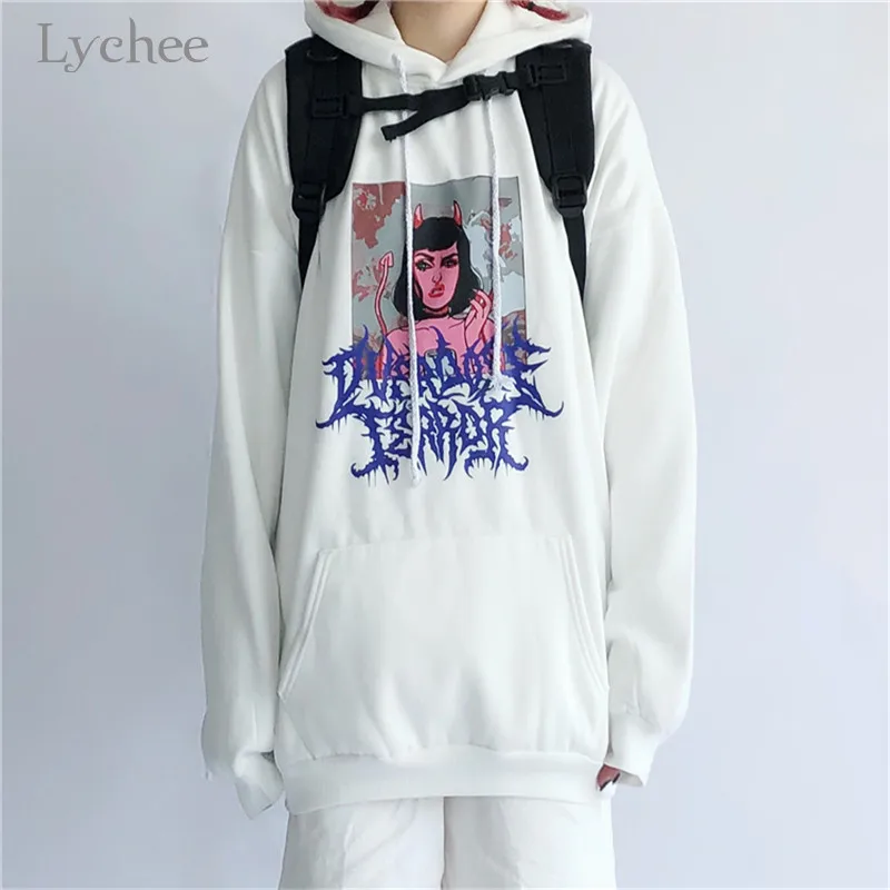 Lychee Harajuku повседневные свободные женские флисовые толстовки Devil Girl письмо женские флисовые толстовки с капюшоном осень зима женские топы