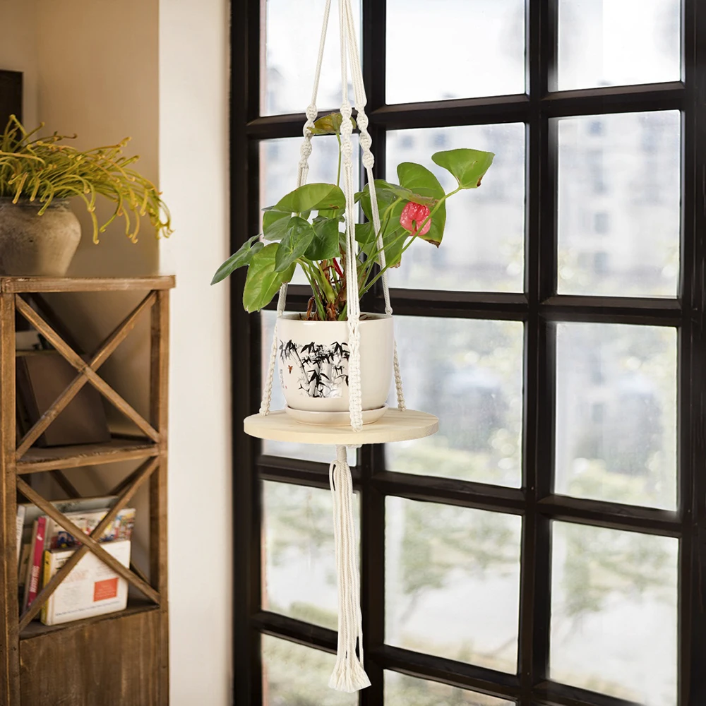 Macrame Shelf Planter Hanger for Indoor Plants with Wooden Shelf Bohemian Hanging Plant Stand for Modern Homes Decor Home Goods