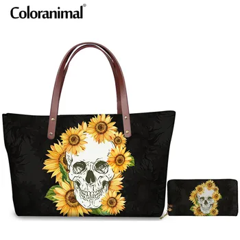 

Coloranimal 2PCS/Set Female Handags Casual Skull with Flowers Large Women Messenger Bags Woman Shopping Tote Shoulder Bags 2020