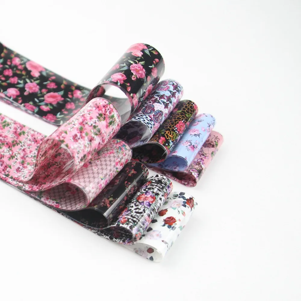 10 Rolls/Box Nail Art Foil Rose Flower Stickers for Nails Transfer Adhesive Wraps Paper Manicure Decoration Nail Decals
