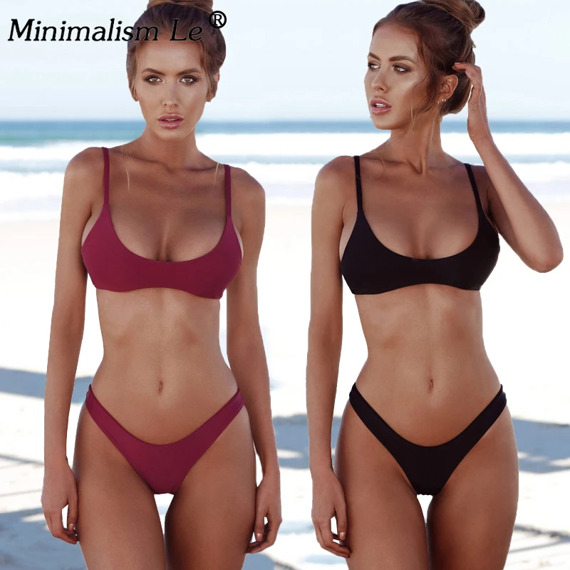 Сексуальные однотонные бразильские бикини женские купальники с высоким вырезом