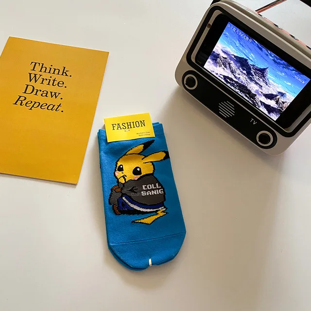 Cute Pokemon Pikachu Figure Cotton Socks Pokemon Squirtle Charmander Bulbasaur Anime Cosplay Men Women Ankle Cotton Socks Fluorescent Green