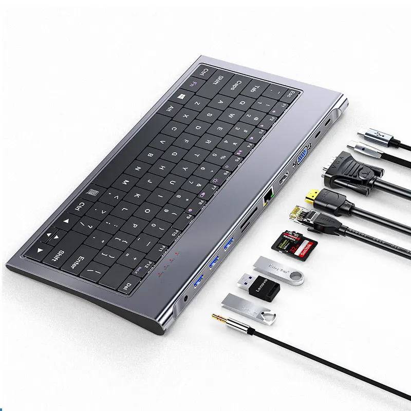 TC-JP10 Type-C 알루미늄 합금 키보드 독 도킹 스테이션, 분배기, 허브, 멀티 USB 3.0, HDMI 어댑터, 10 in 1