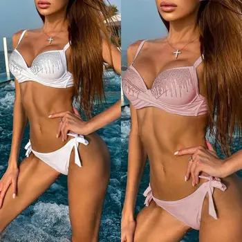 

Separate Female Swimsuit Women Solid Bikini Set Bandage Push-Up Padded Swimwear Swimsuit Bathing Suit maillot de bain femme 2020