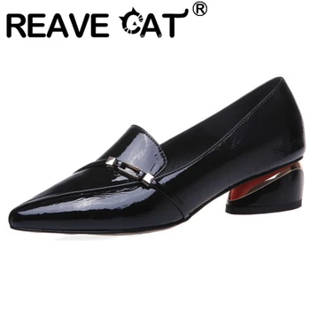 

REAVE CAT Female Retro Spring Autumn Pumps Pointed Toe 4cm Hoof Heels Slip on Patent Leathter Metal Large size 33-43 Date A3066