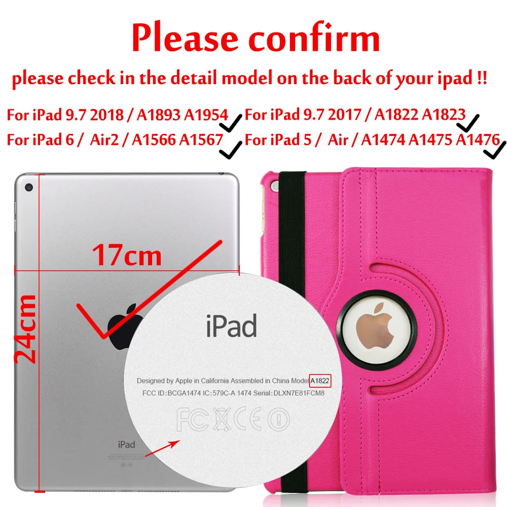 Чехол для iPad 9,7 360 вращения смарт-Авто Режим сна/Пробуждение обложка чехол для iPad 5/6/iPad Air/Air 2 чехол s - Цвет: Rotation Rose Red