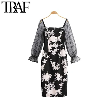 

TRAF Women Vintage Chic Floral Print Patchwork Midi Dress Fashion Square Collar Transparent Long Sleeve Stretch Slim Dresses