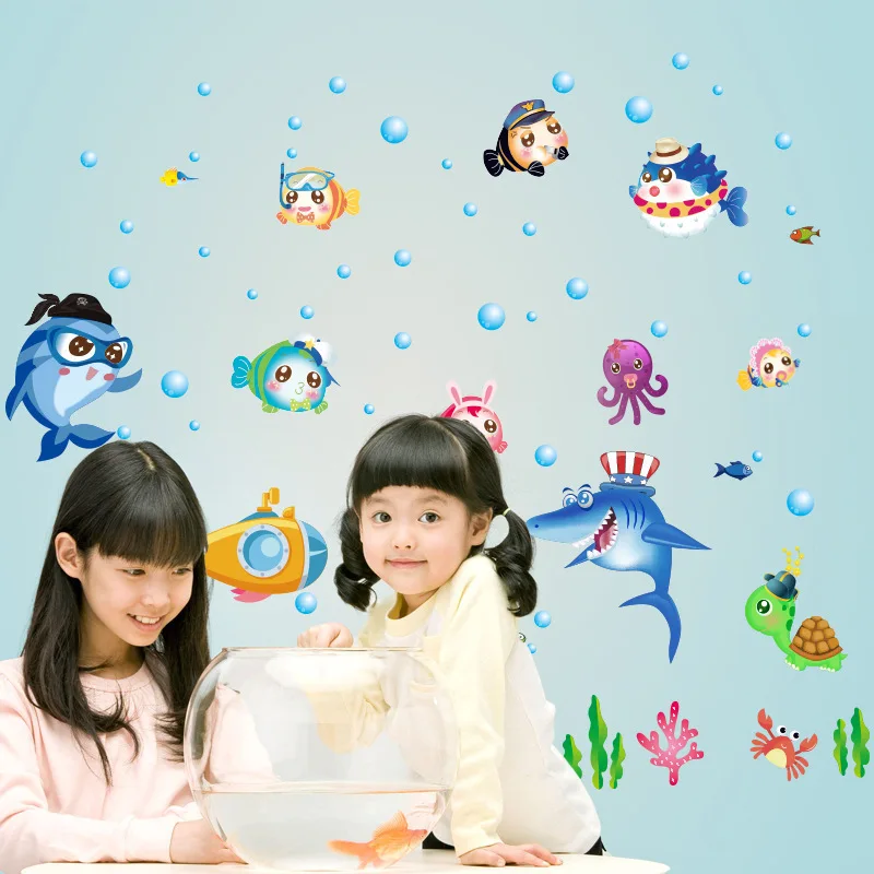 Blue Sea Fish Bubble Wall Sticker Cartoon For Kids Rooms Bathroom Home Decoration murals