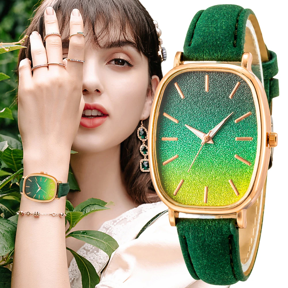 Tonneau Leather Watches Women Fashion Women Green Watches Watch