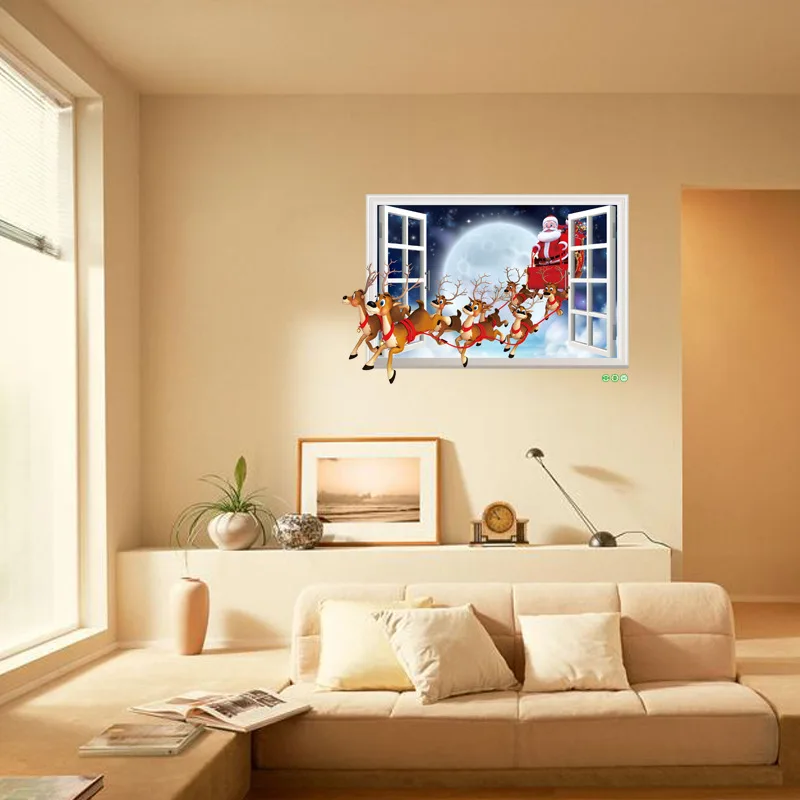 Wall Stickers 3D Stickers Santa Claus Fake Window Stickers Holiday CHILDREN'S Room Sleigh Decoration PVC Large 7229