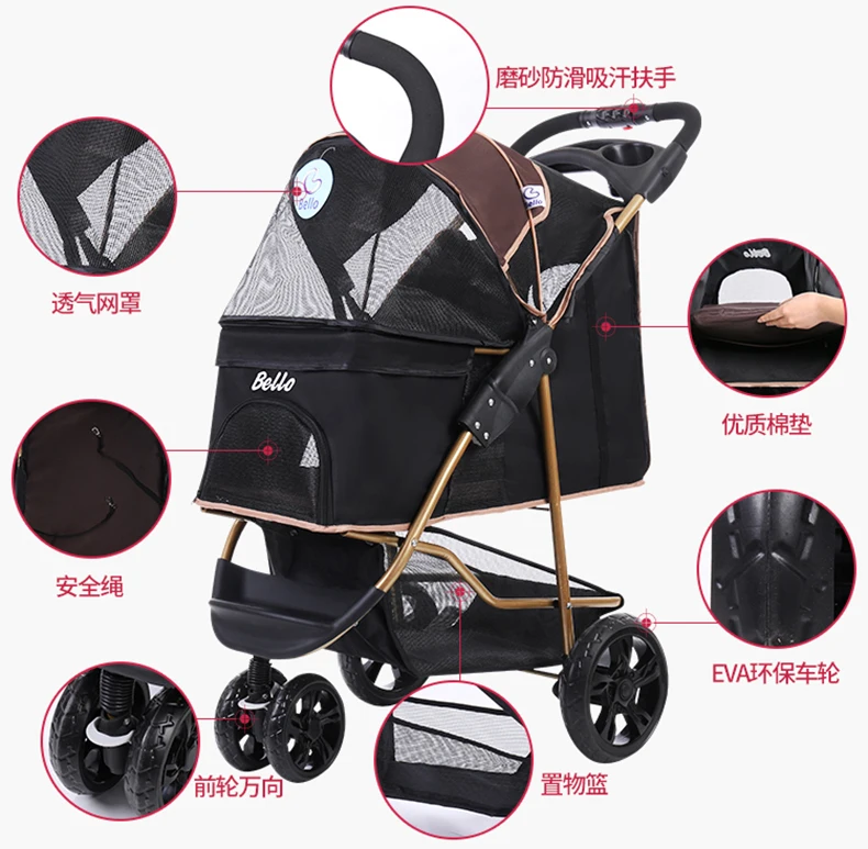 Folding Side-by-side Double Pet Trolley Dog Big Space Cart Cage Four-wheeled Outdoor Travel Supplies Puppy Carrier
