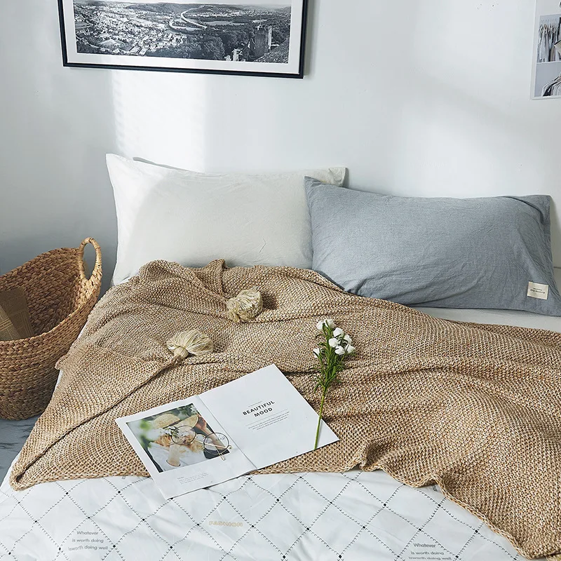 Хлопковое трикотажное одеяло в скандинавском стиле с шариковыми кисточками, диван, домашнее одеяло s 130 см x 170 см - Цвет: khaki