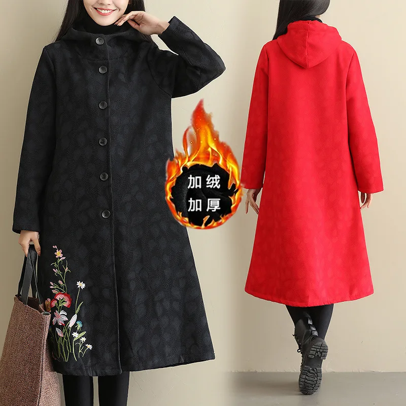 

X3713 Ethnic-Style Coat Mid-length Autumn And Winter 2019 Chinese-style Embroidered Red Slimming over-the-Knee Trench Coat Outdo
