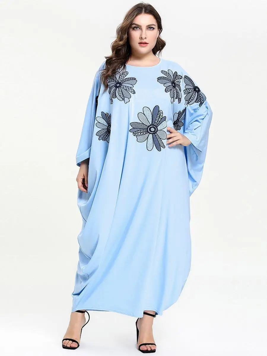 Платье большого размера abaya с рукавом "летучая мышь" фараша кафтан Цветочная вышивка полный макси платья Рамадан джилбаб мусульманские, исламские женщины платье