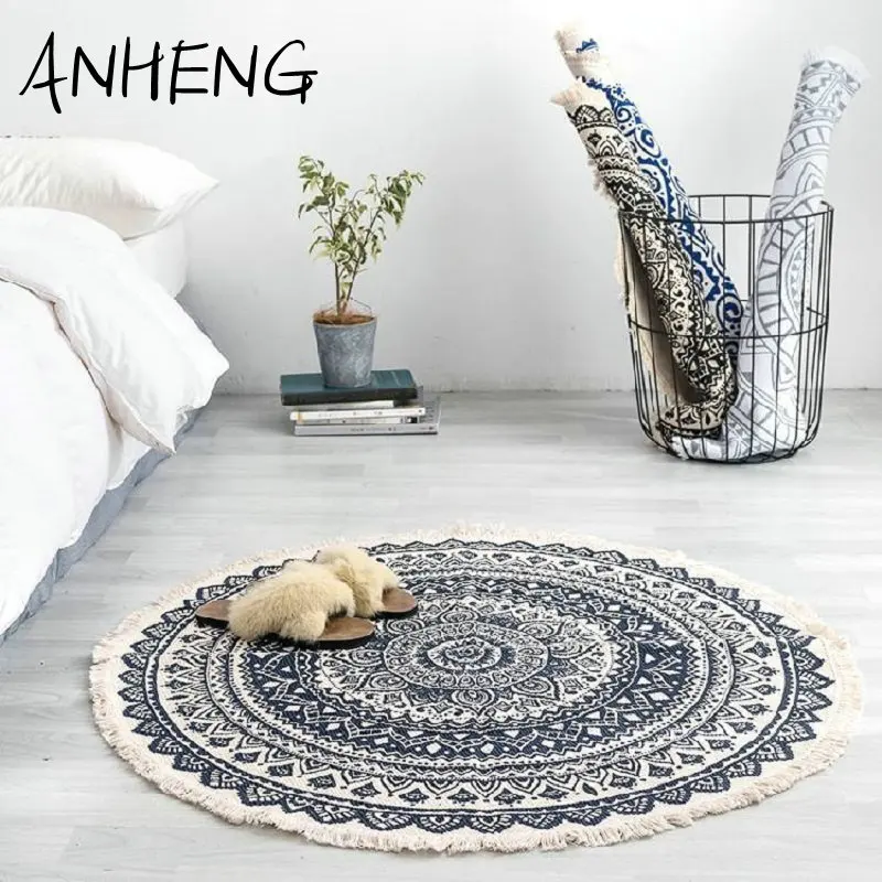

Nordic Style Round 90cm Carpet Ethnic Cotton And Linen Retro Plain Rug For Living Room Bedside Home Decoration Floor Mat