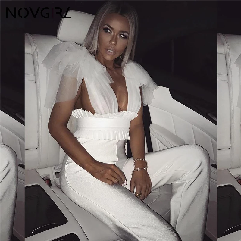 Novgirl/модный сетчатый сексуальный женский комбинезон с бантом на ремешке; из искусственной кожи в стиле пэчворк; прозрачные кружевные комбинезоны с широкими штанинами; черные комбинезоны