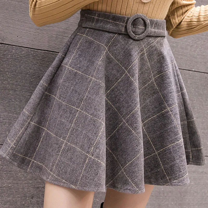 Gray 2 Новинка Harajuku мини Клетчатая Шерстяная Юбка Женская корейская мода зима осень трапециевидная юбка женская консервативный стиль плюс размер юбка - Цвет: Gray 2