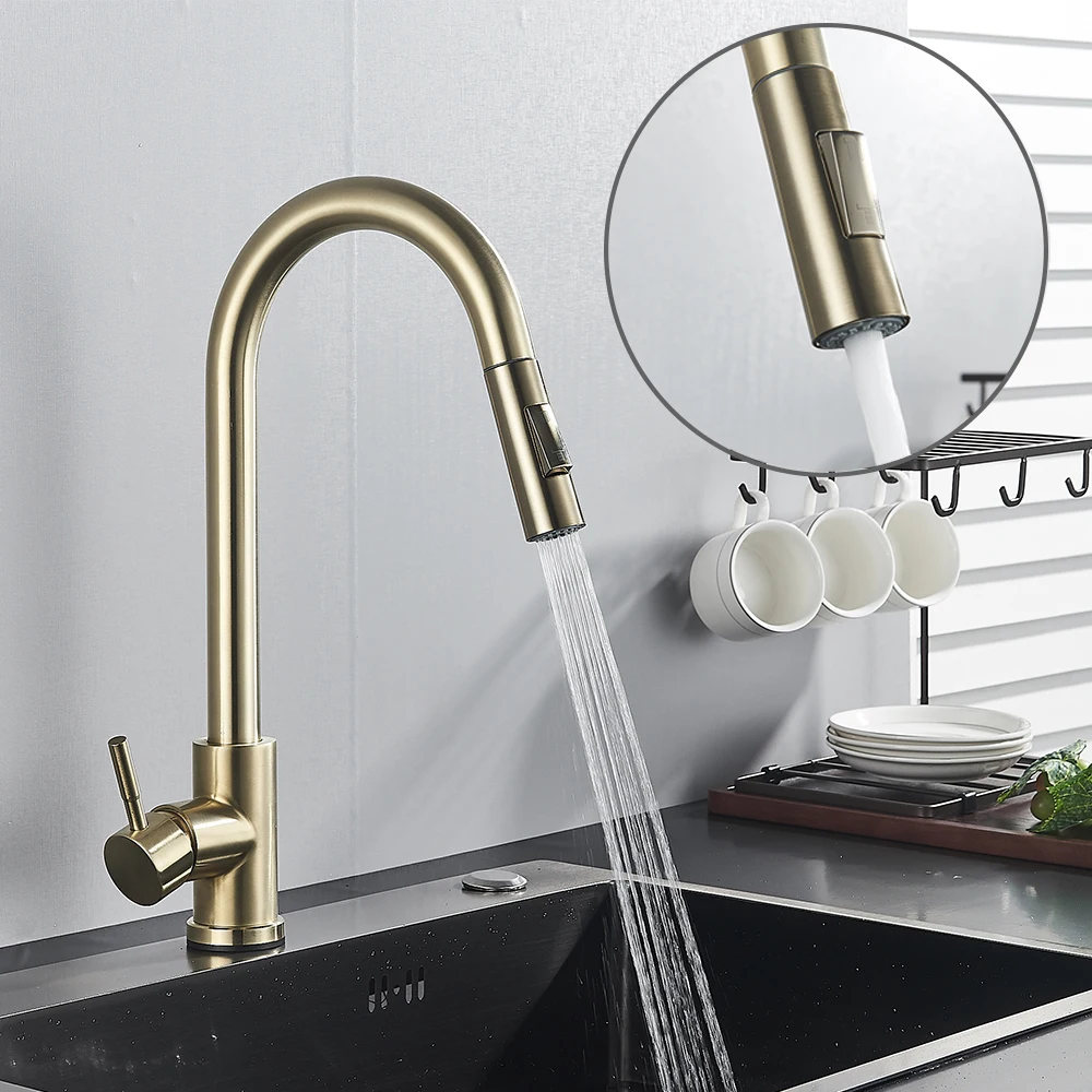 Kitchen Faucets Luxury Brushed Gold Kitchen Wash Basin Faucet Hot Cold Mixer Tap 360&deg; Rotating Spout Deck Mount Two Outlet Modes