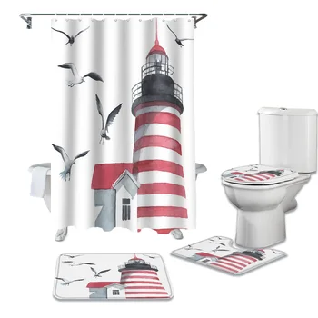 

Lighthouse Seagull Watercolor Art Shower Curtains Set Bath Mat Set Toilet Cover Waterproof Bathroom Shower Curtain and Rug Sets