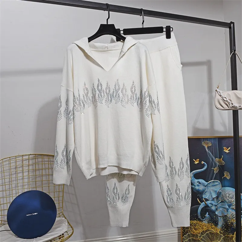 

Autumn Loose Sequins Knitted Tracksuit Women Casual Outfits Hooded Pullover Sweater Pants 2 Piece Set Female White Blue Knit 2pc