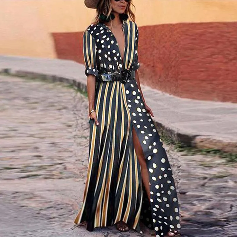 

Nice Autumn Bohemian Turn-Down Collar Dot Striped Long Dress Bohemian Casual Print Chiffon A-Line Shirt Dresses