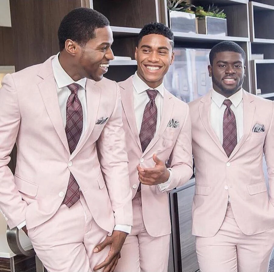 

2020 New Dusty Pink Wedding Tuxedos Slim Fit Groom Suits Custom Made Groomsmen Prom Party Suits (Jacket+Pants) Two Button Couple