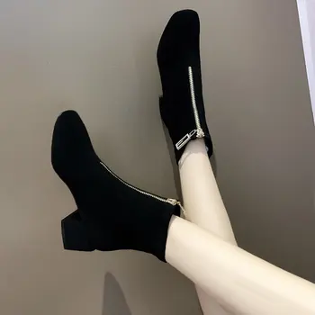 

2020 New Autumn Mid Heels Boots for Women Classic Front Zipper Suede Leather Boots Square Toe Woman Winter Shoes Botas Mujer